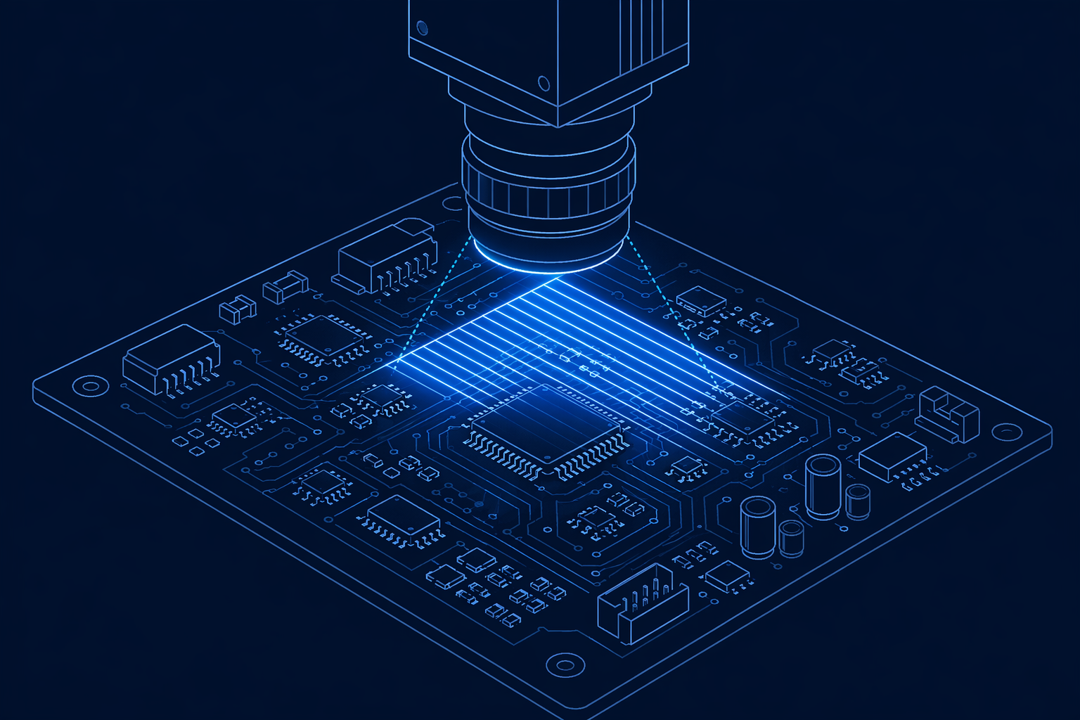 Abstract AOI inspection representation with camera lens element over a PCB and scan lines suggesting automated optical inspection
