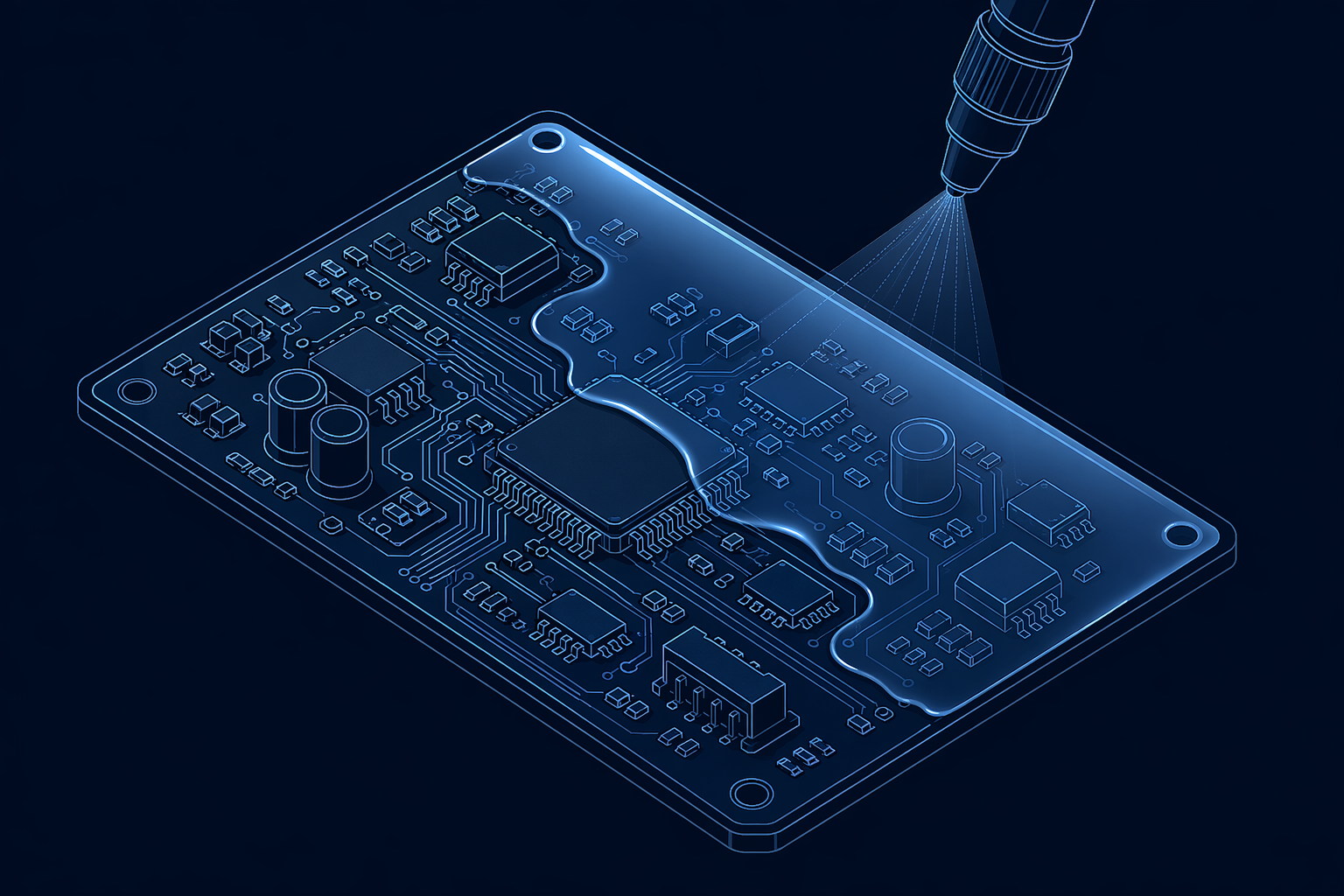 Conformal coating station abstraction showing PCB surface with glossy protective layer being applied