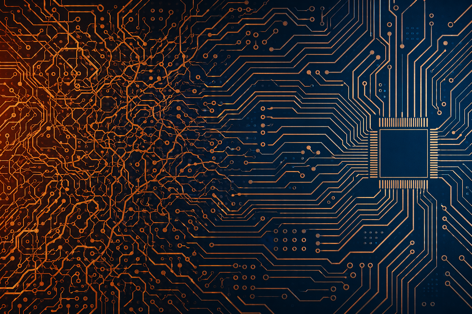 PCB trace routing pattern transitioning from chaotic to orderly, representing DFM optimization