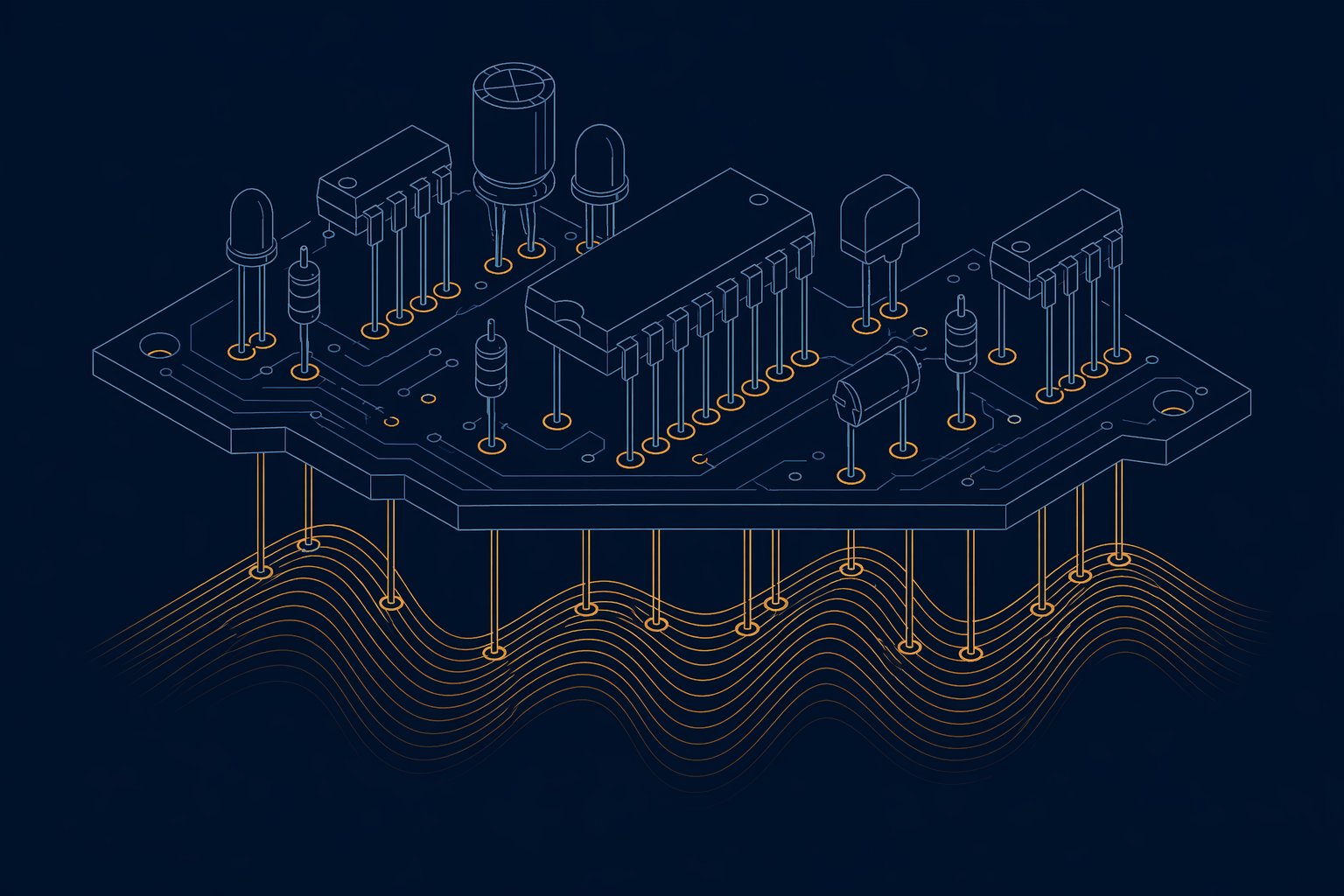 Abstract representation of DIP through-hole assembly with vertical component leads entering board holes and stylized wave shape below in isometric line-art style
