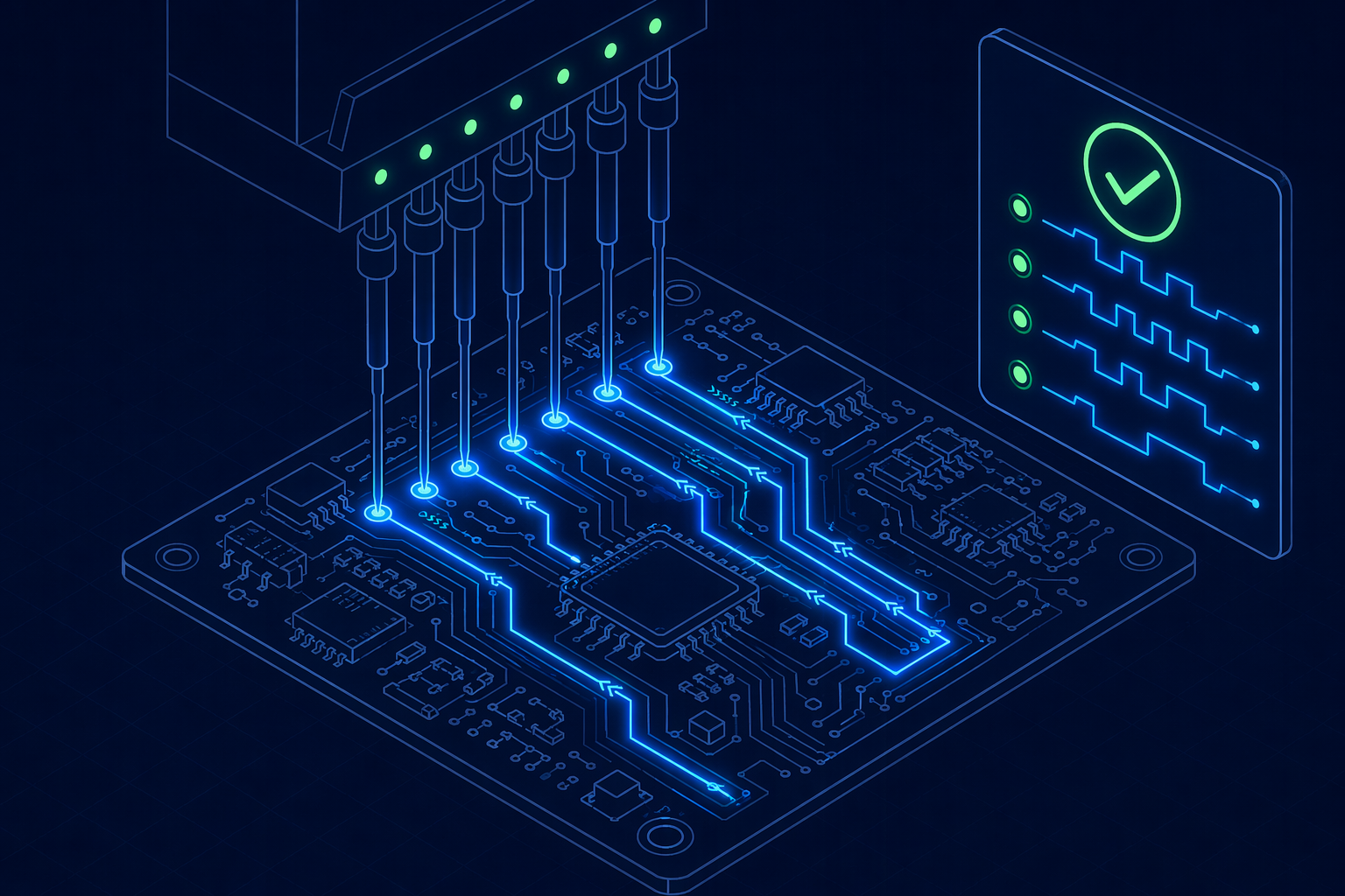 Abstract functional test representation with probe pins contacting test points on a PCB and electrical signal visualization as glowing lines