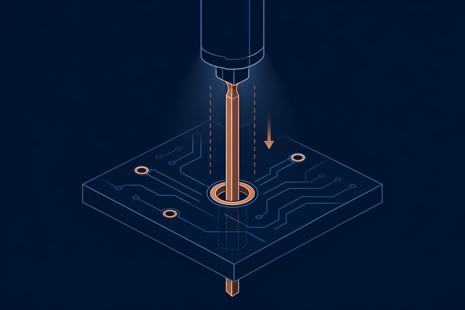 Through-hole insertion abstraction showing component lead entering PCB hole from above in geometric representation