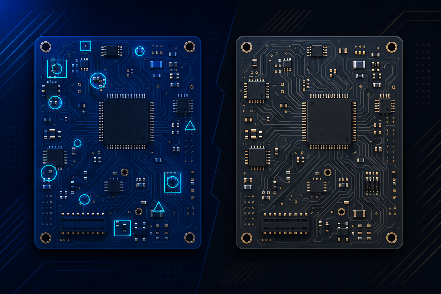 Two PCBs side by side, one with visible inspection marks representing Class 3, one without representing Class 2, abstract comparison