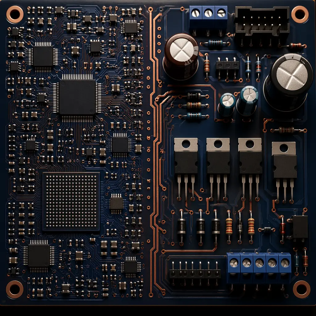 PCB with both surface mount components and through-hole connectors, representing mixed assembly
