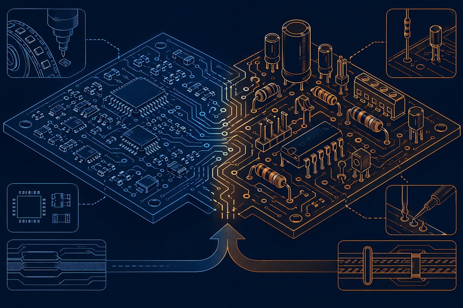 Abstract mixed assembly illustration showing SMT and through-hole components coexisting on a single board with two process flows merging in isometric line-art