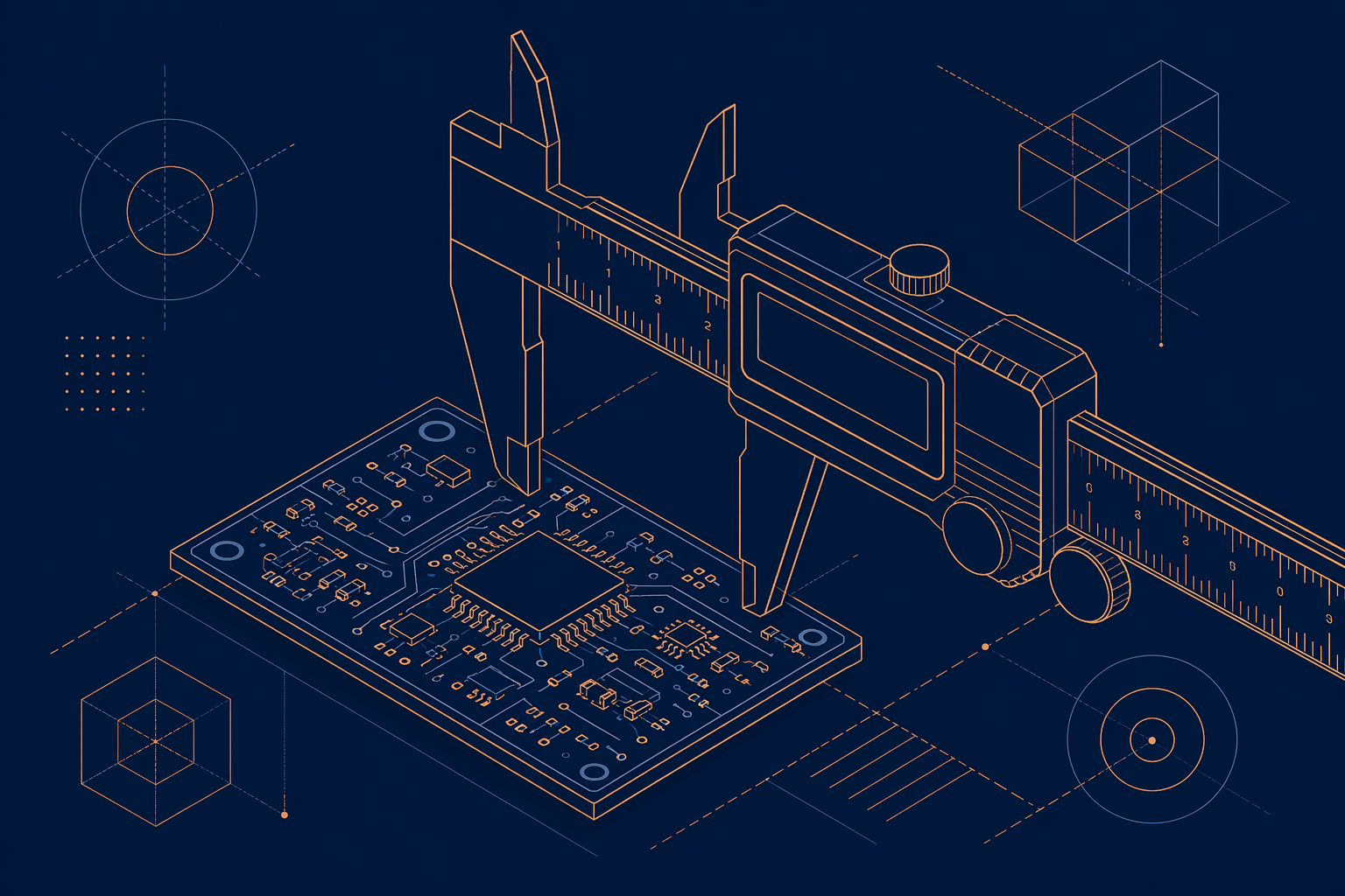 Abstract geometric representation of precision manufacturing — caliper measuring a PCB