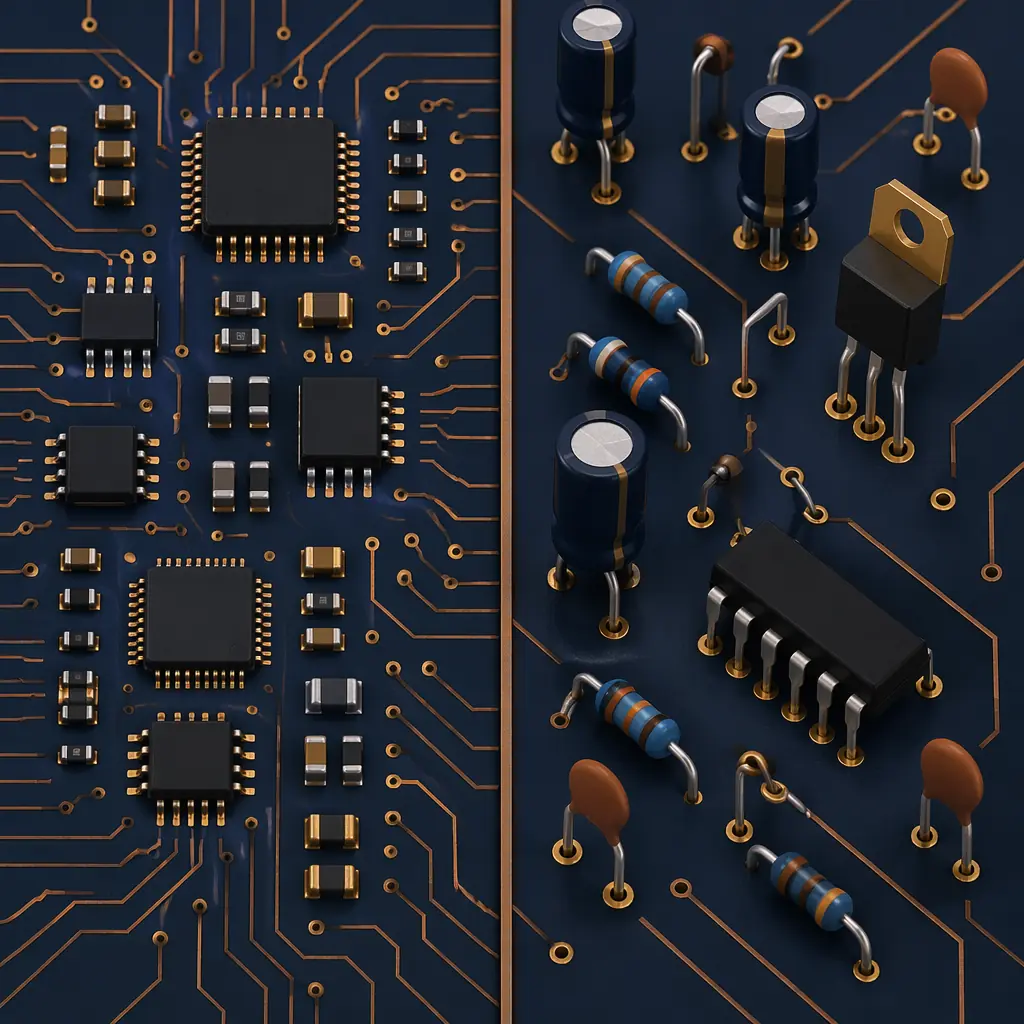 Abstract comparison of surface mount components and through-hole leads on a PCB, navy and copper tones