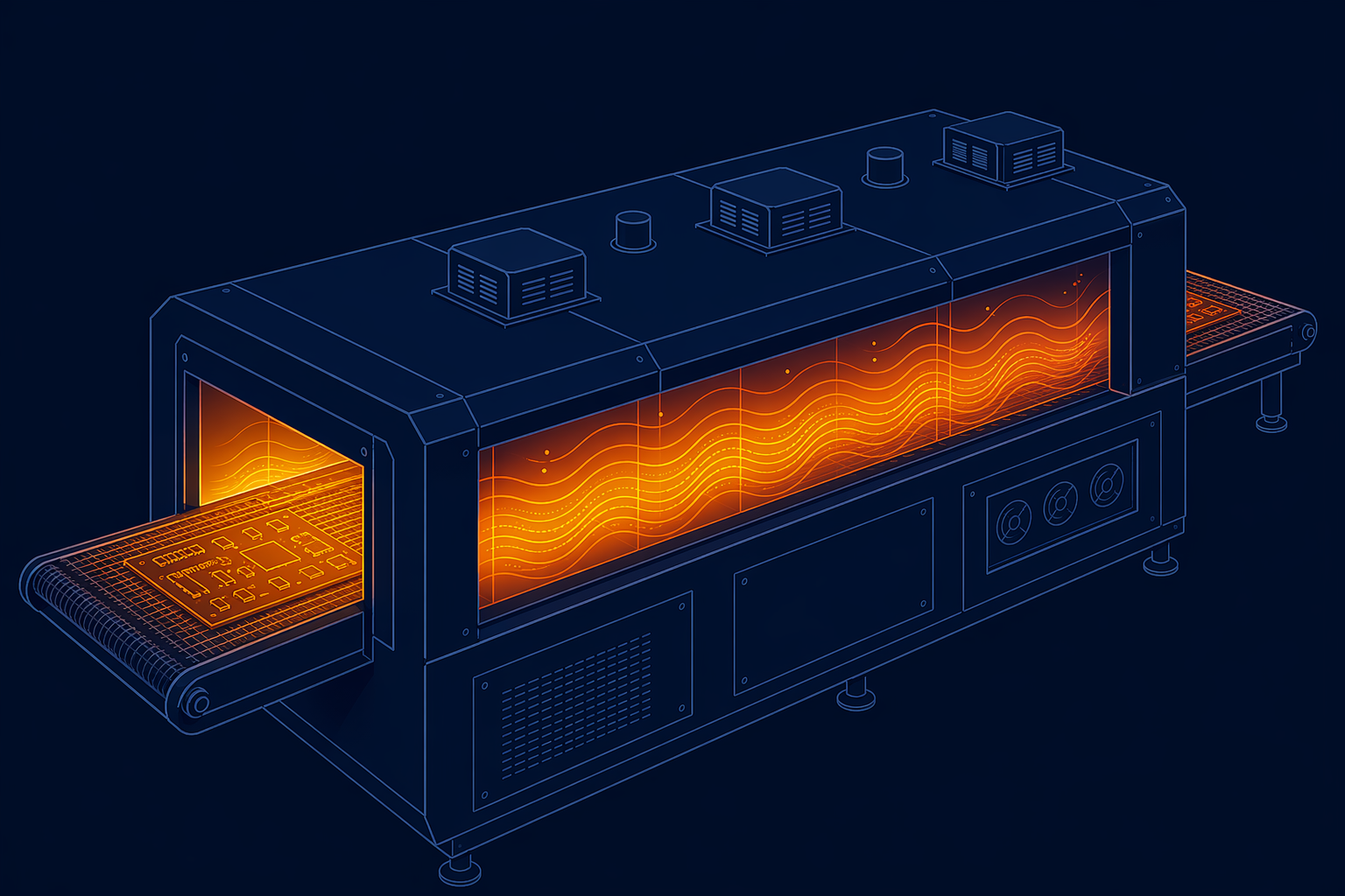 Abstract reflow oven representation showing a rectangular tunnel with warm gradient heat wave visualization inside a cool housing