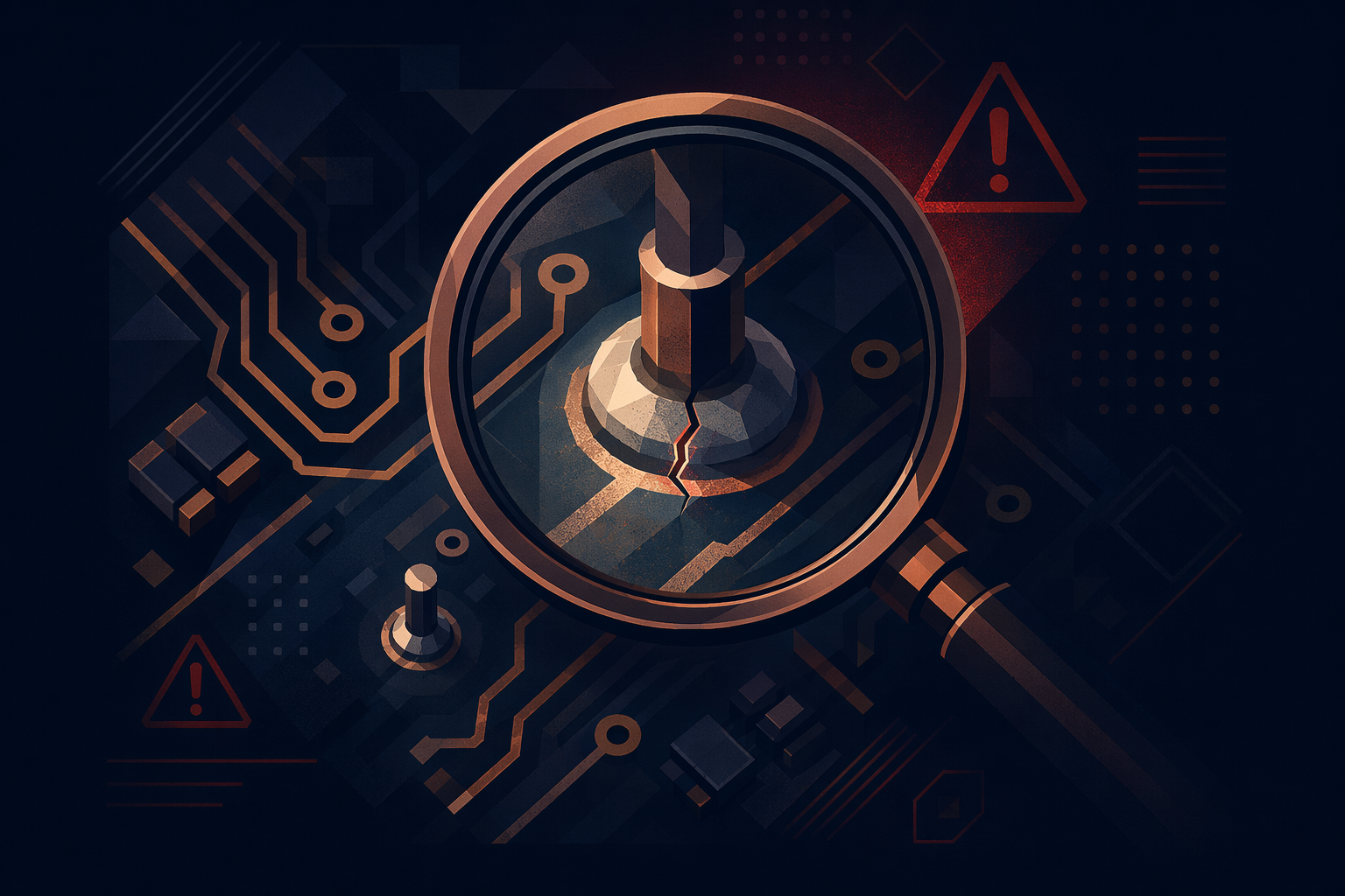 Magnifying glass over a solder joint revealing a crack defect, abstract warning aesthetic