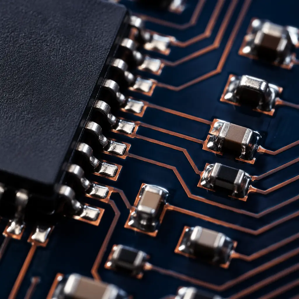 Close-up of surface mount components on a PCB with solder joints and fine-pitch IC