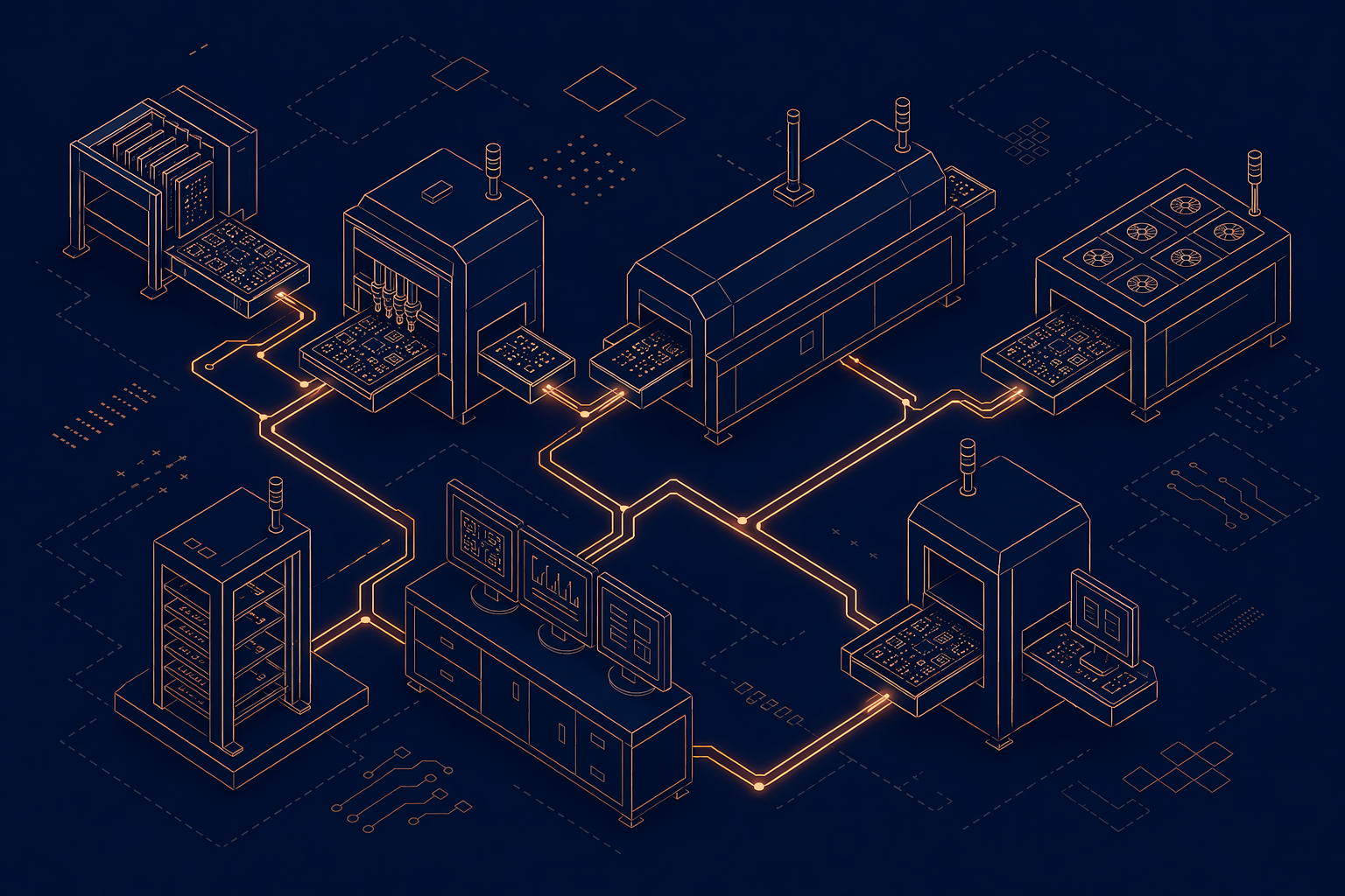 Abstract geometric representation of an SMT production line with simplified machine shapes and copper trace-like connecting lines in isometric view