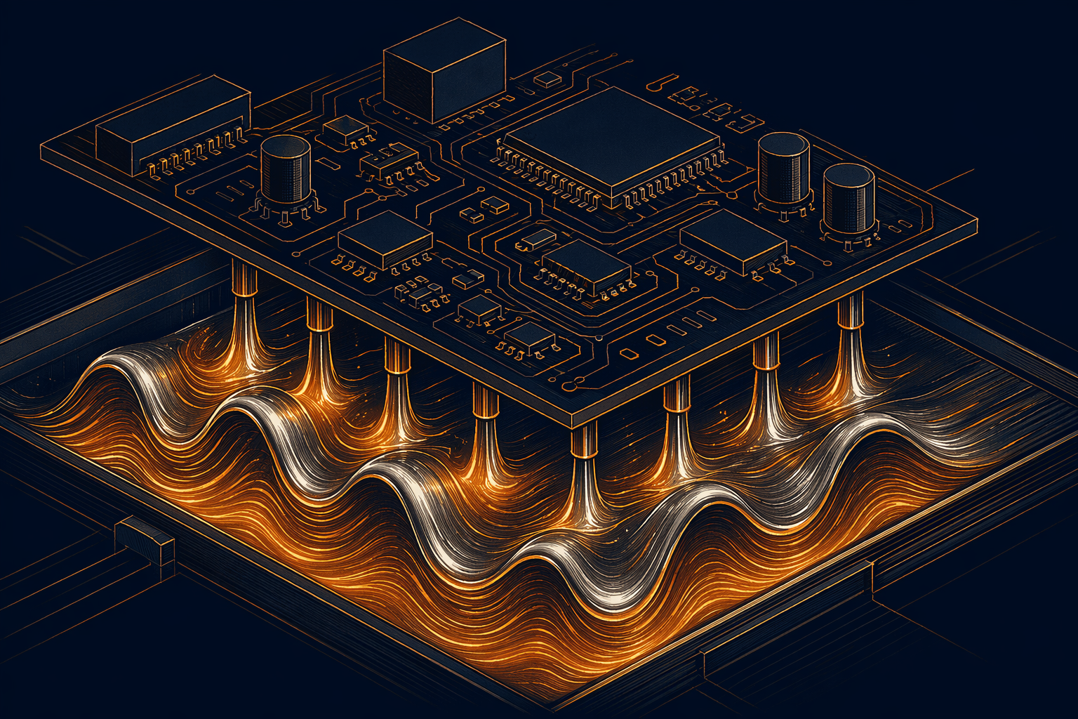 Wave solder abstraction with wave form under board plane and warm metallic tones in isometric line-art style